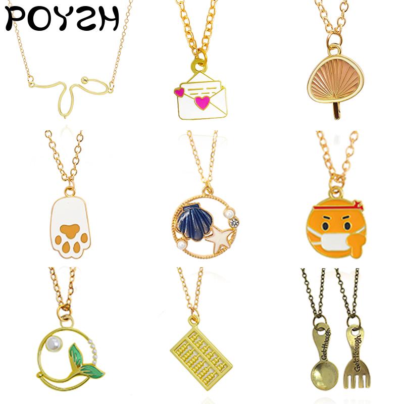 

Chains Geometric Creative Necklace Envelope Cattail Leaf Fan Cats Circular Fish Tail Shell Stars Abacus Spoon Fork Pendant, Silver