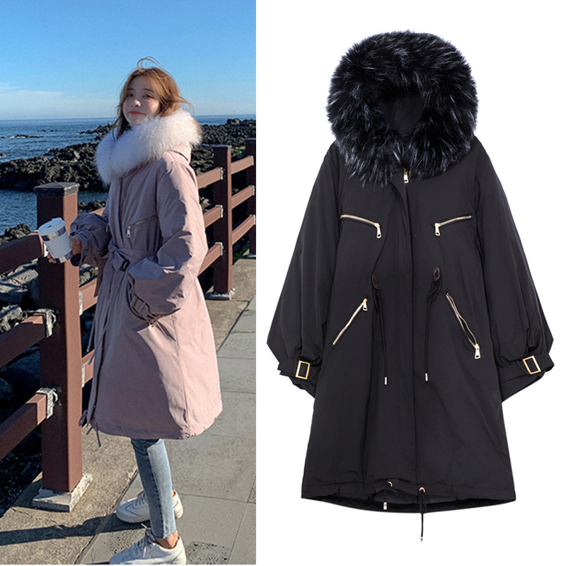 

2021 New Winter X-long Slim Down Cotton Women Jacket Parkas Solid Luxury Fur Warm Thicken Coat Plus Size Hooded Fashion Outwear Qmwf, Blue