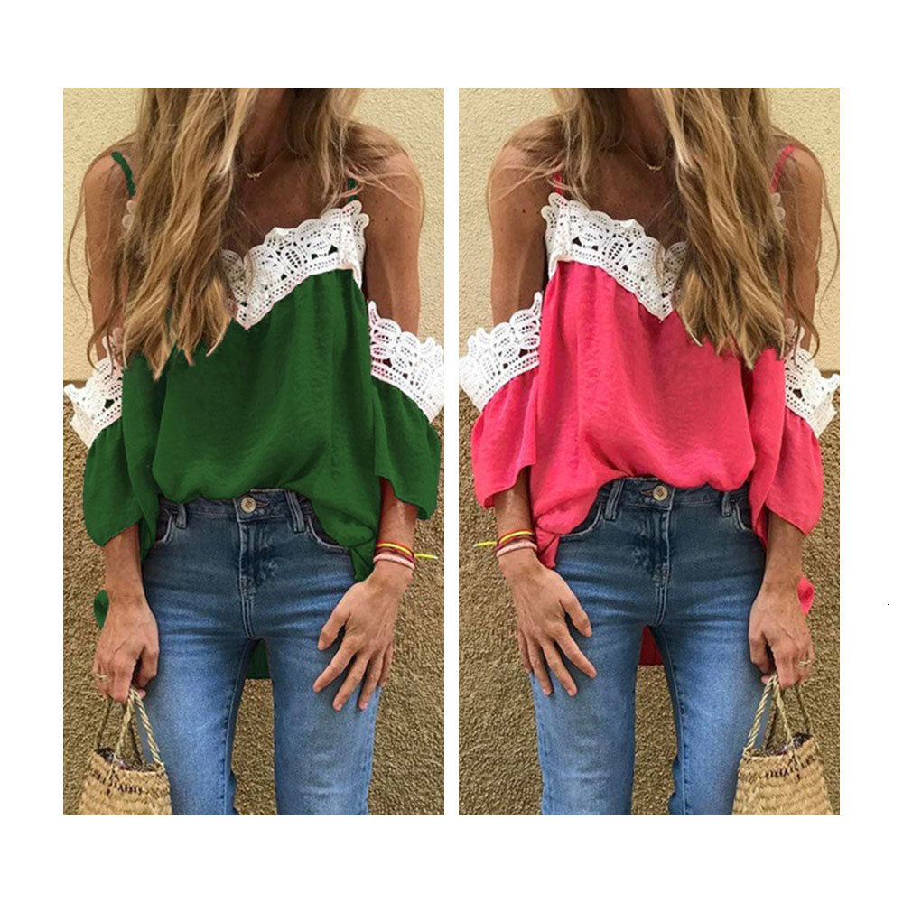 

2021 New Sexy Strap v Neck Loose Shirt Elegant Lace Patchwork Blouse Casual Short Sleeve Off Shoulder Tops Summer Clothing 0ggg, Army green