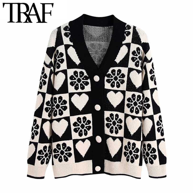 

TRAF Women Fashion Jacquard Loose Knit Cardigan Sweater Vintage Long Sleeve Covered Buttons Female Outerwear Chic Tops 211018, As picture