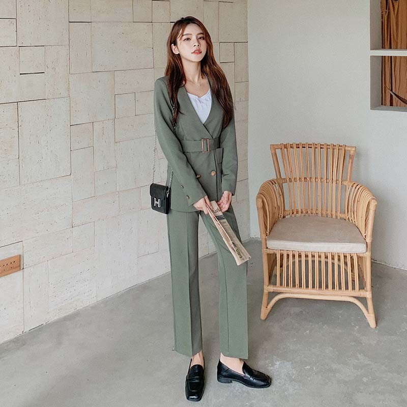 

2021 New Autumn Winter Womens Fashion Double Breasted with Belt Business Suits Lady Office Wear Blazer and Set for Women Vtpq, Black