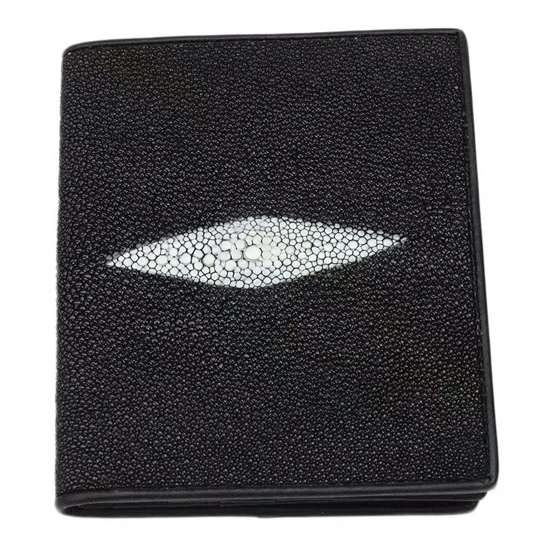 

Thailand Genuine Skate Skin Male Black Short Clutch Purse Authentic Real Stingray Leather Men Small Trifold Wallet Card Holders, Black 1