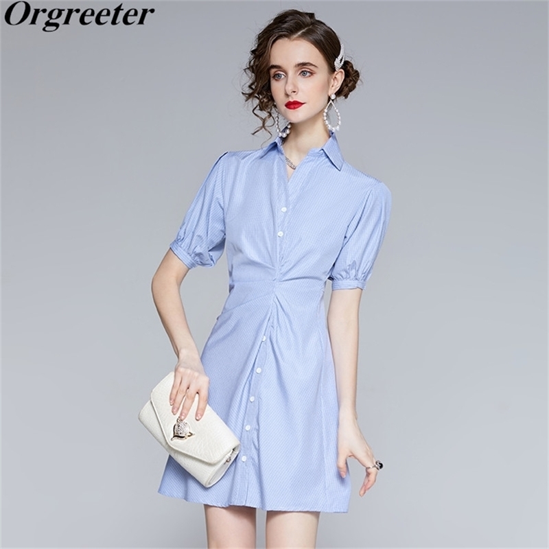 

Arrival Simple Solid Blue Shirt Dress for Women Summer Lapel Single-breasted Short Sleeve Folds Plaid Mini 210602, Picture color