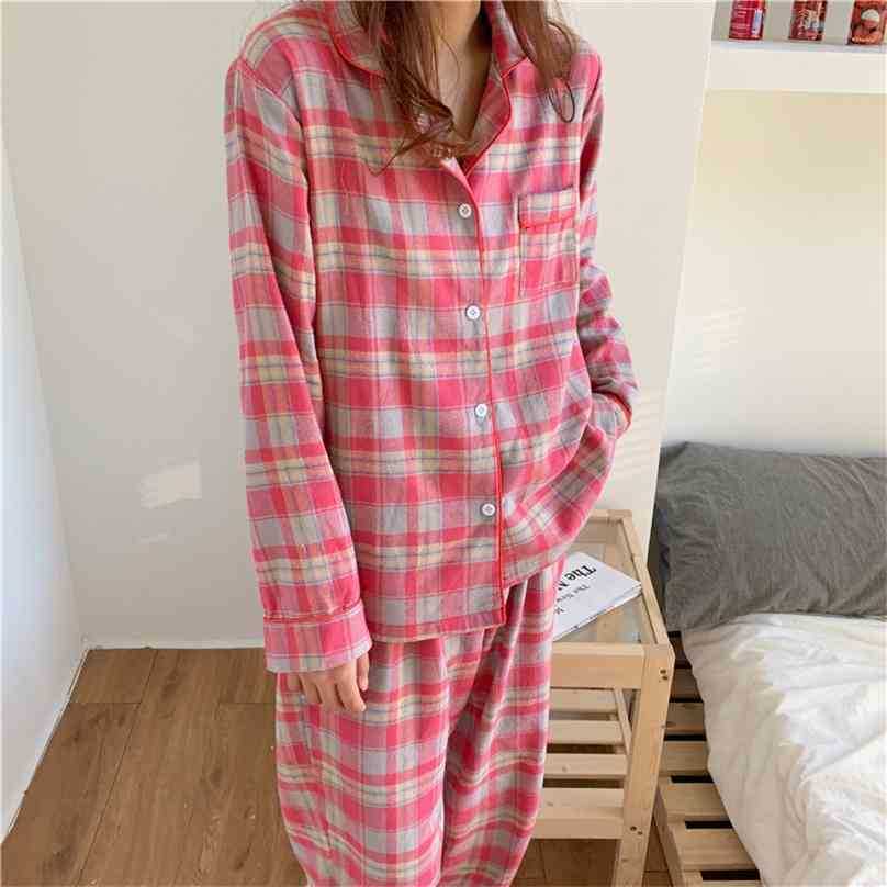

Homewear Cotton Nightwear Chic Color-Hit Plaid Loose Casual All Match Sweet Two Piece Suit Pajamas Sets 210525, Photo color
