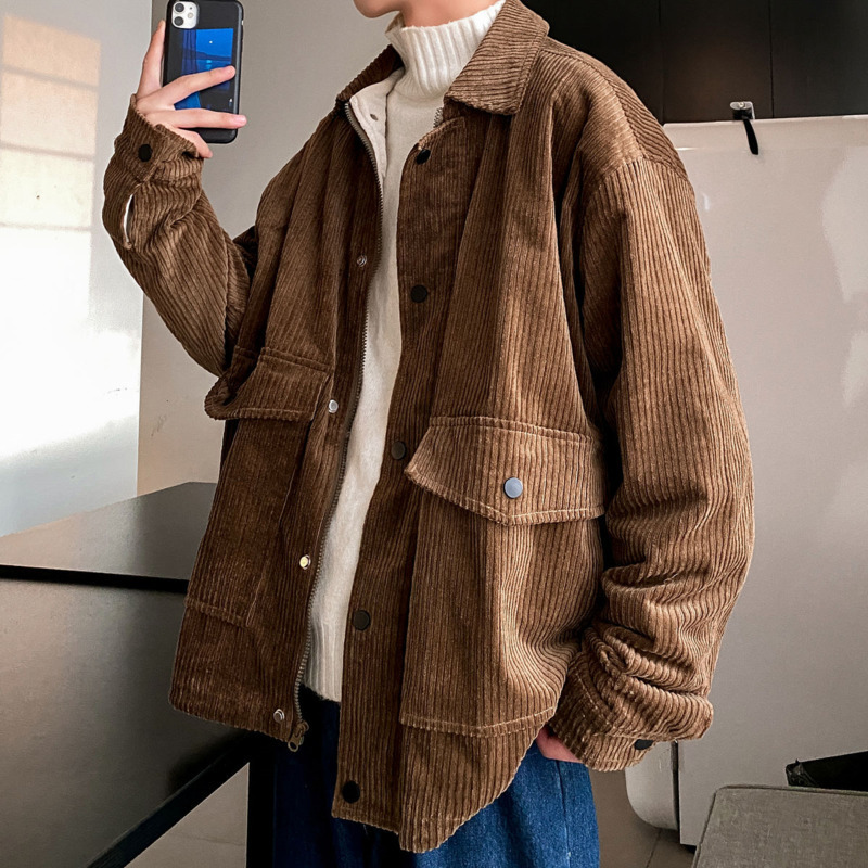 

2021 New Winter Cotton Padded Corduroy Jacket Men's Warmth Fashion Casual Retro Men Wild Loose Korean Short Coat Mens Clothes M-xl 3jt9, Brown