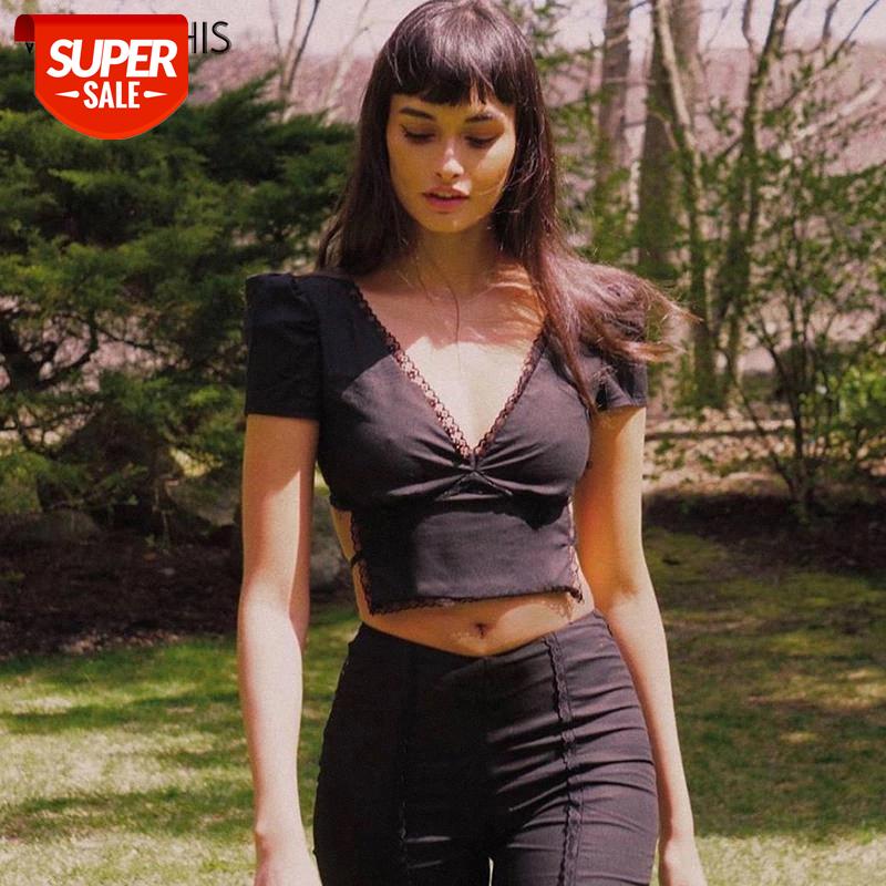 

WannaThis V-Neck Short Sleeve Women Crop Tops Backless Hollow Out Patchwork Laceup Black Sexy Summer Shirts New Skinny Elastic #1i1i, White