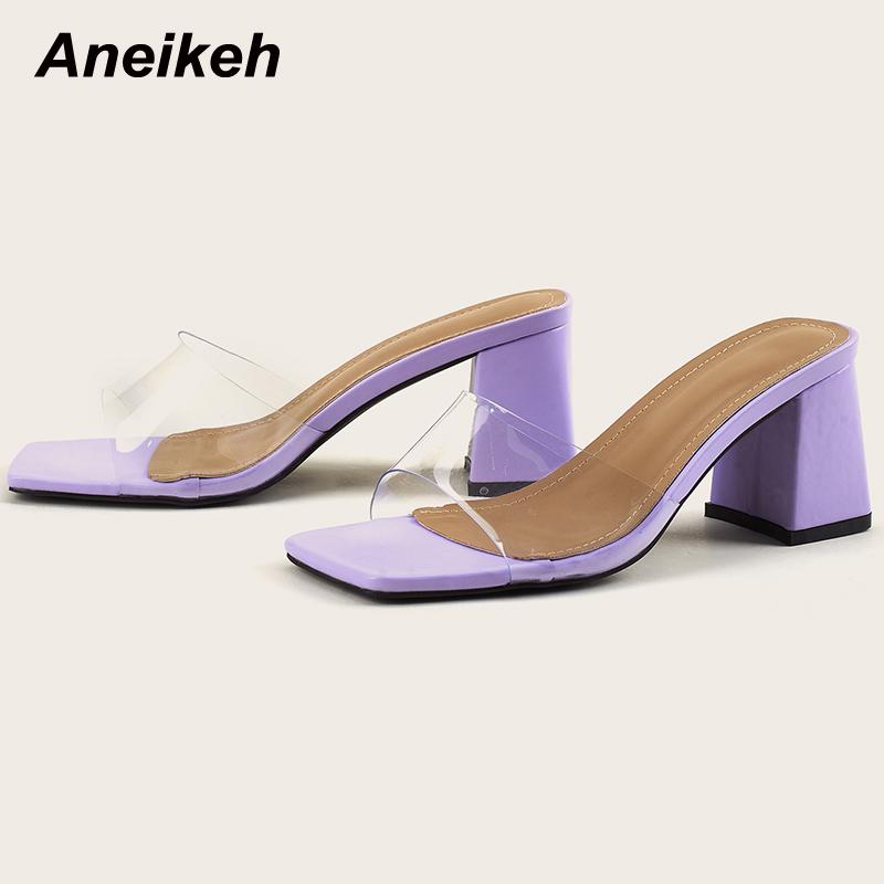 

Slippers Aneikeh 2021 Ladies Shoes Summer Solid Square Heels Peep Toe PVC Outside Sexy Shallow Slides Elegant Party Concise, White