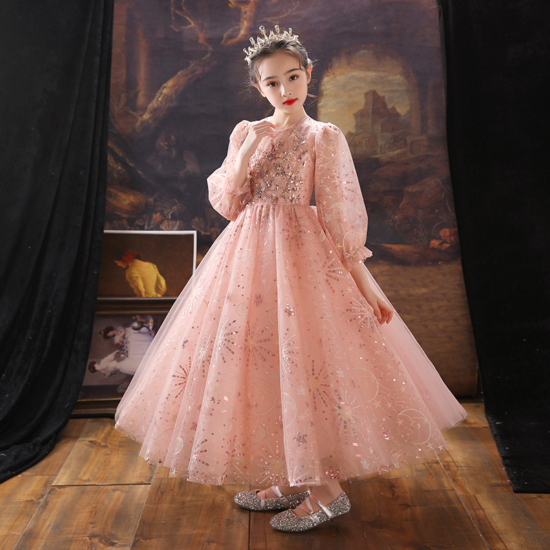 Sequined Lovely Flower Girls Dresses for Weddings Princess Jewel Long Sleeves Lace Appliques Big Bow Sweep Train Little Kids Holy Pageant Dress-image-710479074
