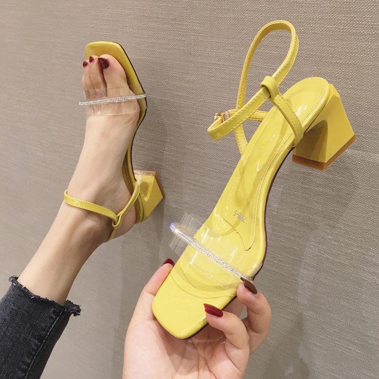 

buckle high-heeled thick heel all-match Sandals women 2021 rhinestone shoes, Beige