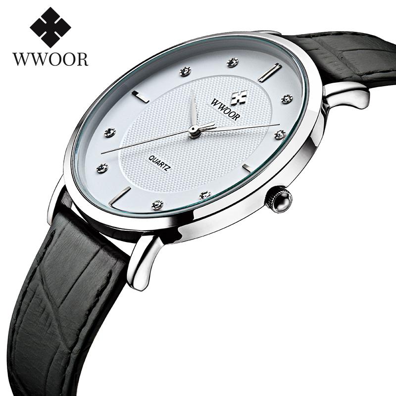 

Wristwatches WWOOR Diamond Mens Watches Top Ultra Thin Wristwatch Waterproof Leather Quartz Male Clock Clearance Price Sale Xfc, Black black