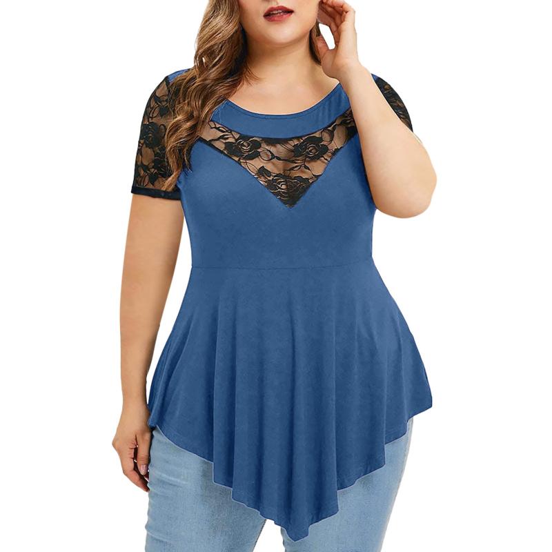 

Women' Blouses & Shirts Blusas Plus Size Women Fashionable Solid Floral Printed Lace Patchwork O-neck Asymmetric Three Quarters Tops Blouse, Bu