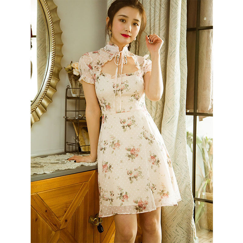 

2021 New Floral Print Retro Elegant Sexy Desginer Mini Japan Style Sleeve Sweet Kawaii Women Summer Qn3o, Pink