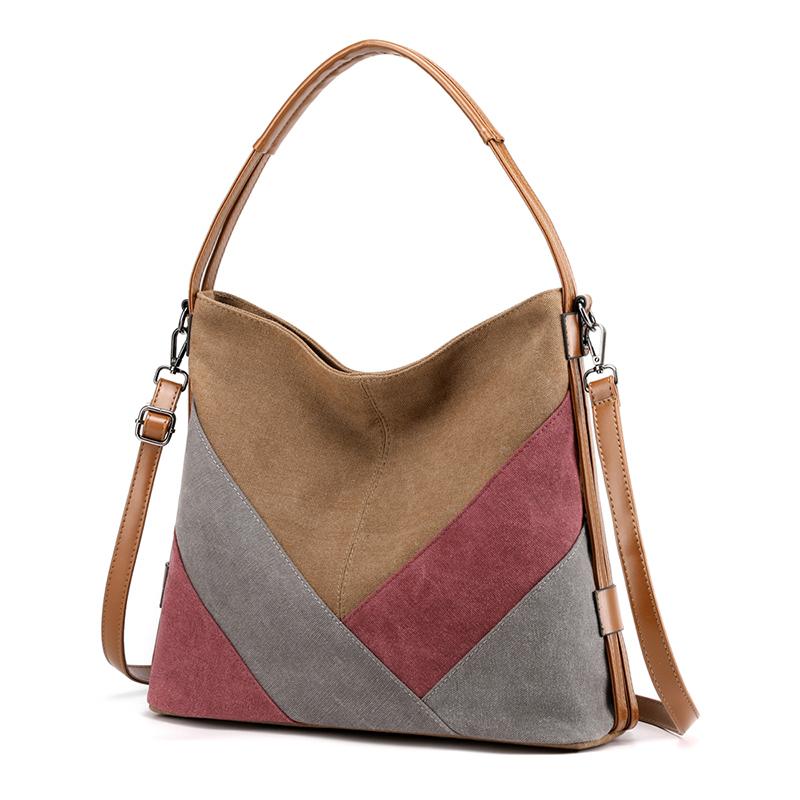 

Evening Bags Patchwork Canvas Messenger Bag For Women Design 2021 Trend Vintage Casual Tote Shoulder Large Capacity Handbag, Brown