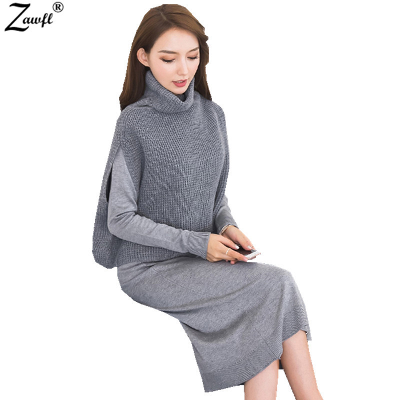 

ZAWFL Women Dress Winter Elegant Solid Color Belt Bodycon Two Piece Set Office Knitted Long Sleeve Sweater 210525, Picture color