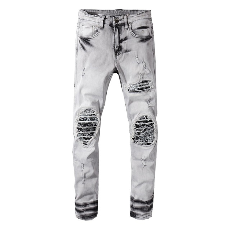 

2021 New Smoky Gray Jeans Trendy Men's Male Fashion Casual Heavy Washable Hole Patch Slim Fit Denim Pants Trousers Rcv1