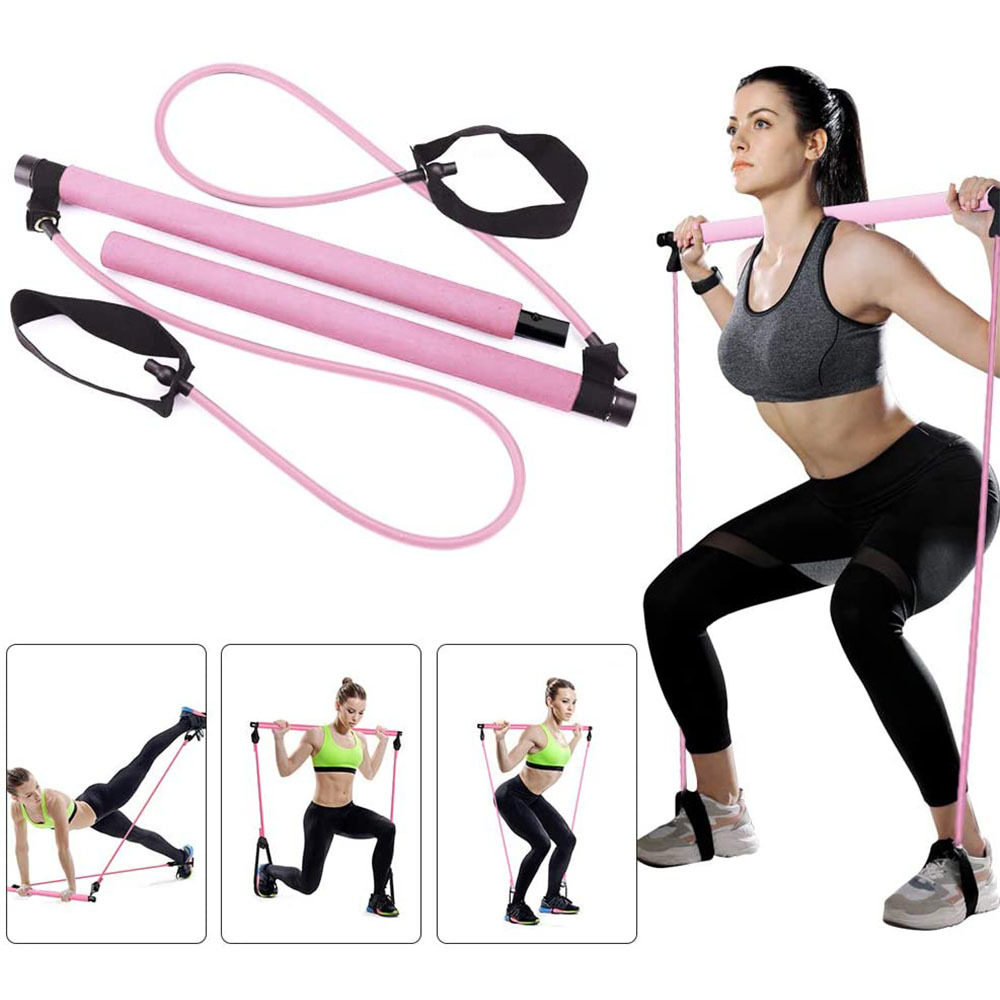

Pull Rope Fitness Bar Kit Yoga Resistance Band Stripe Pilate Stick Elastic Exercise Leg Body Building Training Gym Equipment Crossfit Trainer Rods Portable Workout, Pink
