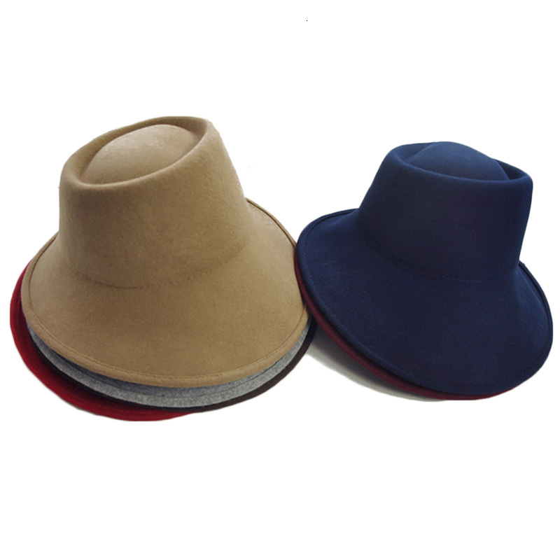 

2021 New Elegant Women Felt Ladies Winter Hats Wide Fedora Special Tilt Asymmetrical Brim Wedding Church Party Millinery Hat Efx2, Red