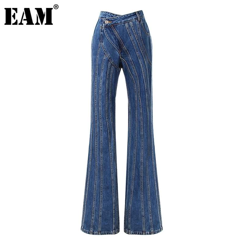 

[EAM] Asymmetrical Spliced Oblique Waist Placket Trousers Loose Fit Pant Fashion Spring Autumn 1DD2264 210721, Dark blue