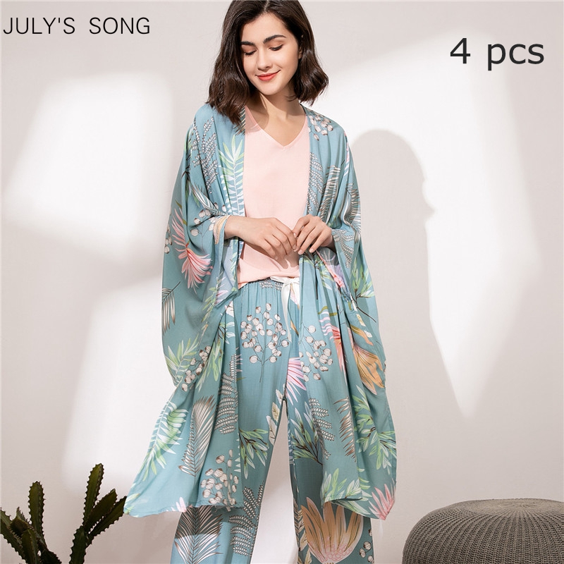

JULYS SONG 4 Pieces Floral Printed Pajamas Sets Soft Autumn Winter Women Sleepwear With Shorts Female Leisure Nightwear Suit, Color 01
