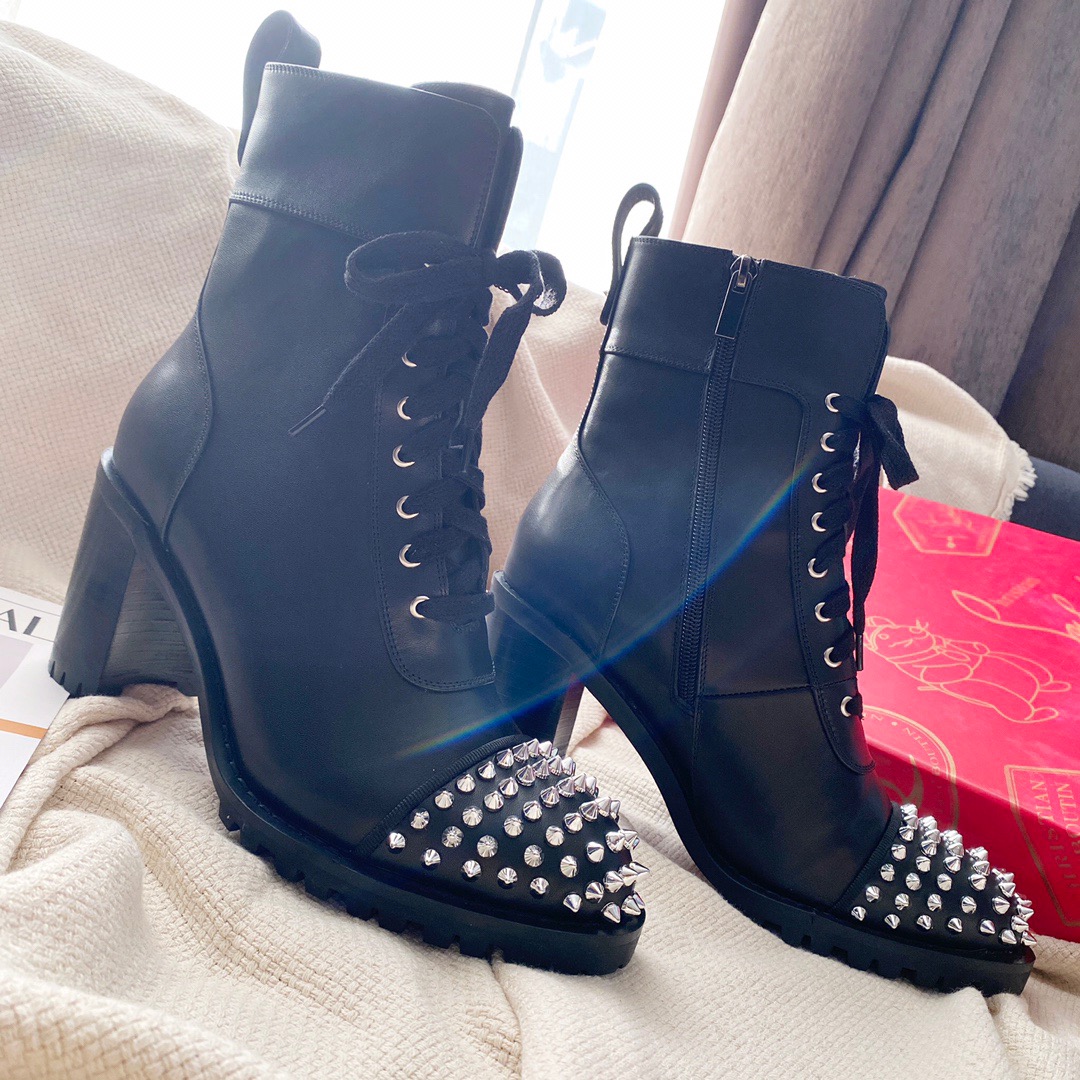

Luxury Fashion Designer Ankle Boots Women Rivets Red Bottom Shors Square Heel Platform Knight Motorcycle Cow Leather Boot, Box