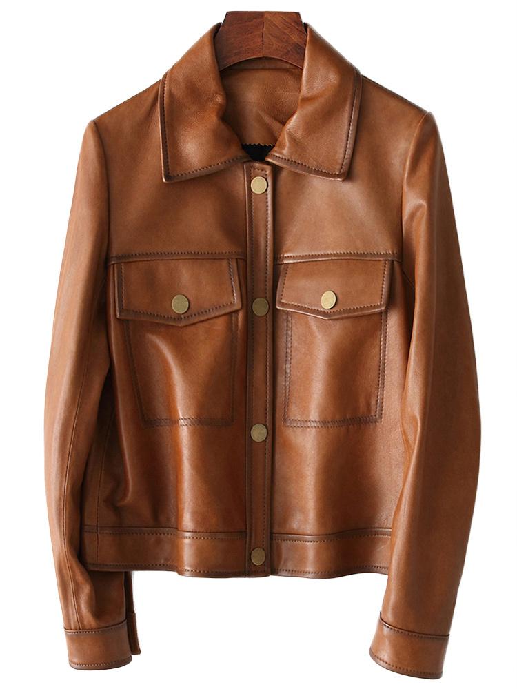 

Women's Leather & Faux 2021 Jacket Spring Retro Sheep Motorcycle Short, Black