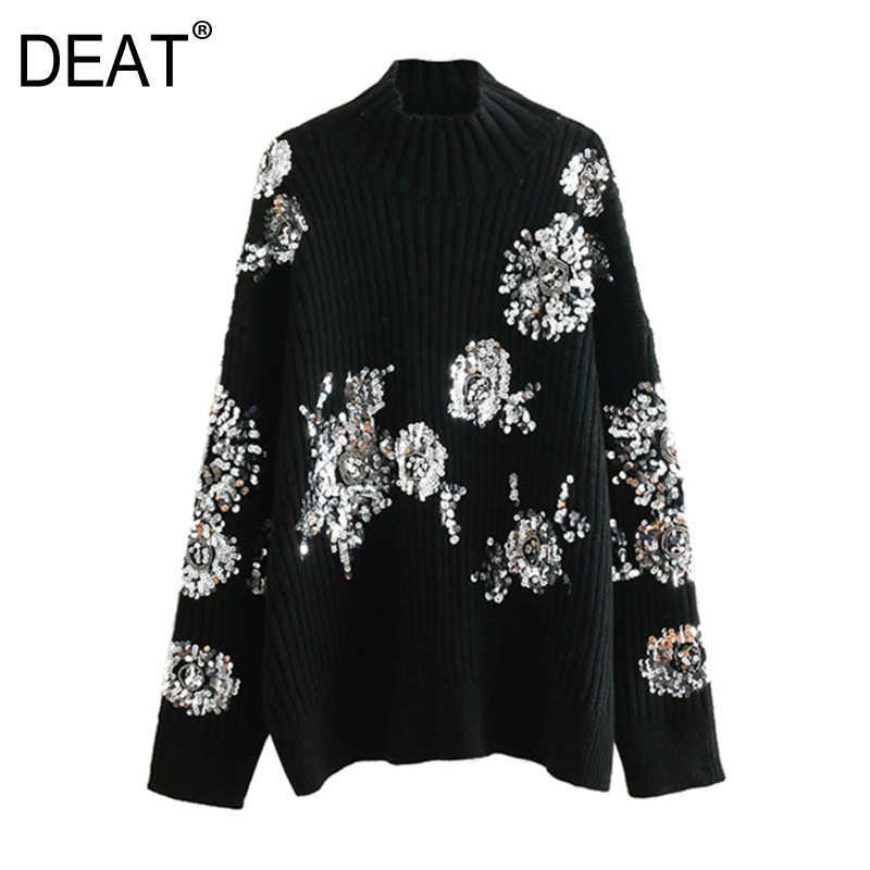 

DEAT Spring Women Fashion Beading Sequins Loose Knitted Sweaters Vintage High Collar Long Sleeve Pullovers Chic Tops ML308 210709, Black