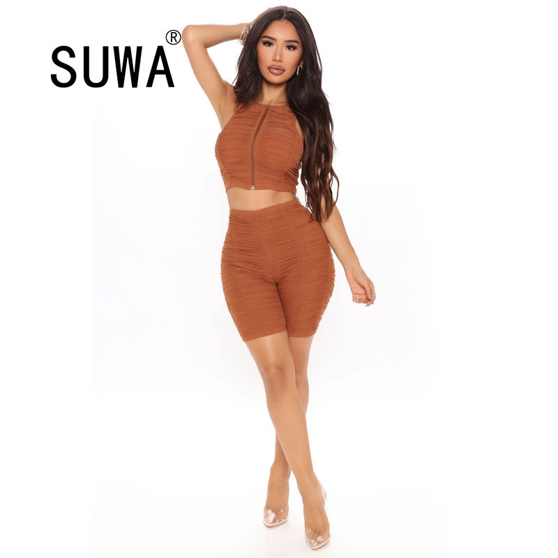 

Short Sets For Women Summer Sexy 2 Piece Outfits Slim-fit Crop Top Vest + Soft Sweatpants Joggers Pants Sweat Suit 210525, Brown