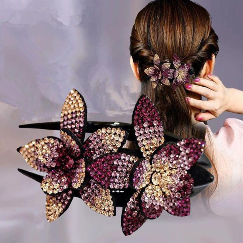 

Rhinestone Double Flower Hair Clip Hair Crystal Combs Female Elegant Beads Hairgrip Handmade Fashion Accessories Tools