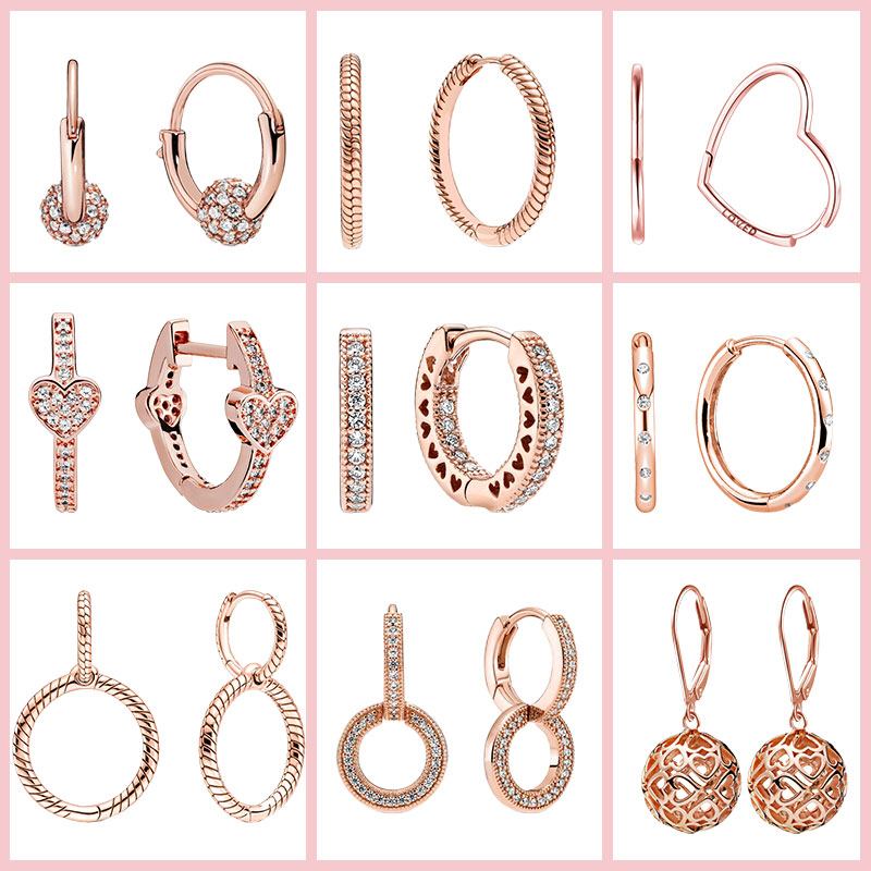 

New Silver Women Earrings Stud Fit Pandora plata de ley 925 Original Sparkling Rose Gold Hoop Earrings For Ladies Earring DIY Fine Jewelry