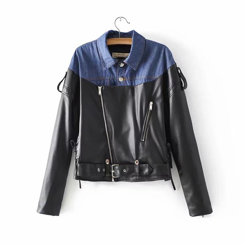 

Women's Leather & Faux 2021 Autumn Winter Women Side Strap Coat Female Rivet Jacket Outerwear FemaleDenim + PU Stitching, Black