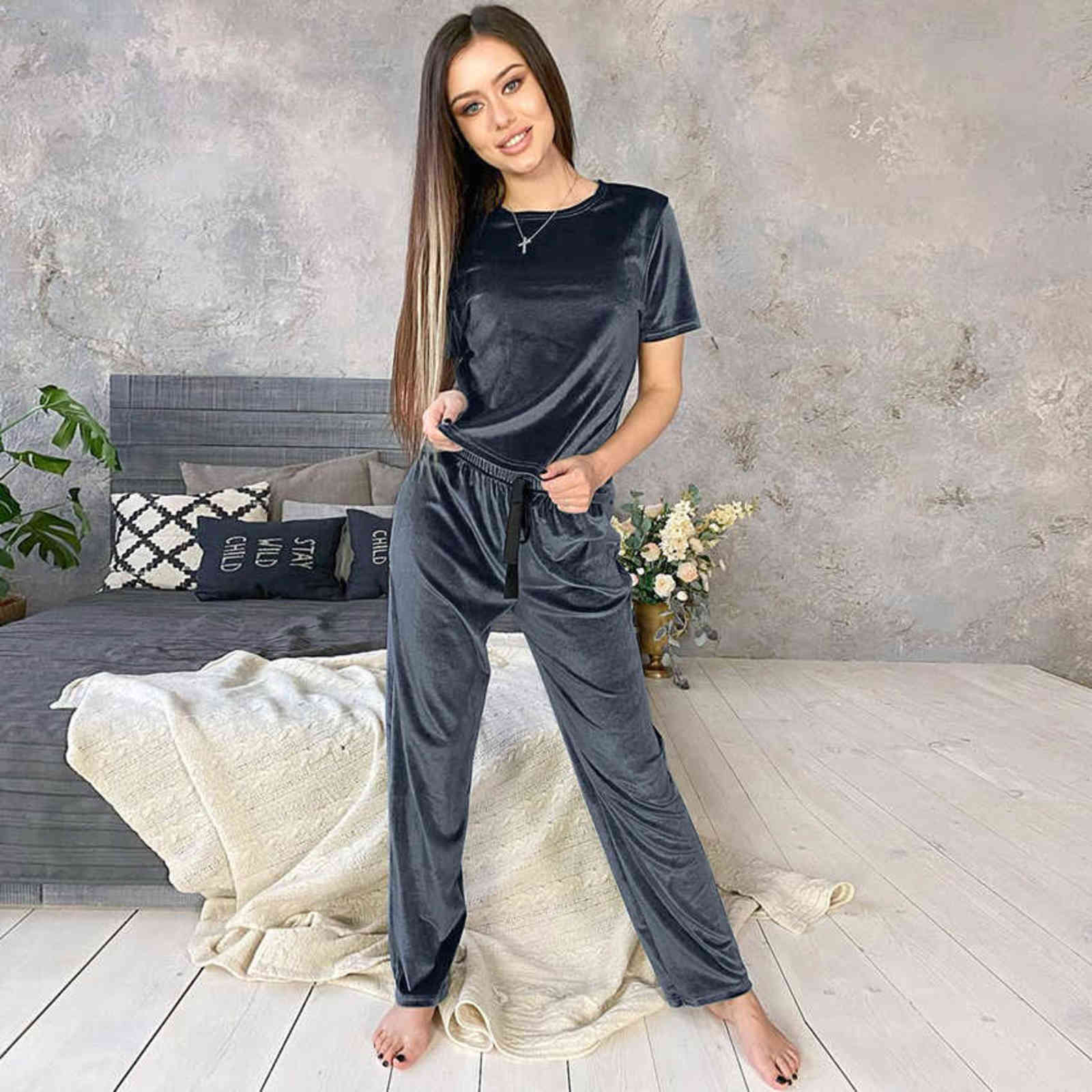 

HiLoc Blue Velvet Sleepwear Winter Warm Home Suit Sets Female Pajamas Loose Pants Ribbon Knit Short Sleeve Two Piece Set Lounge 211109