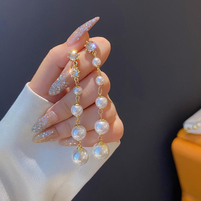 

Dangle & Chandelier Trendy Simulation Pearl Long Earrings Female Acrylic Rhinestone Wedding Pendant Fashion Korean Jewelry, Silver
