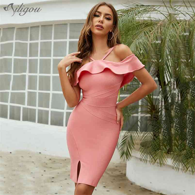 

Women' Summer Fashion Pink Sexy Strapless Skinny Ruffle Bodycon Midi Celebrity Party Rayon Bandage Dress Vestidos 210525