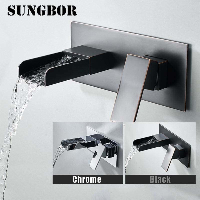 

Bathroom Sink Faucets Black Chrome Waterfall Basin Wall Mount Faucet Single Handle Mixer Tap LT-305L
