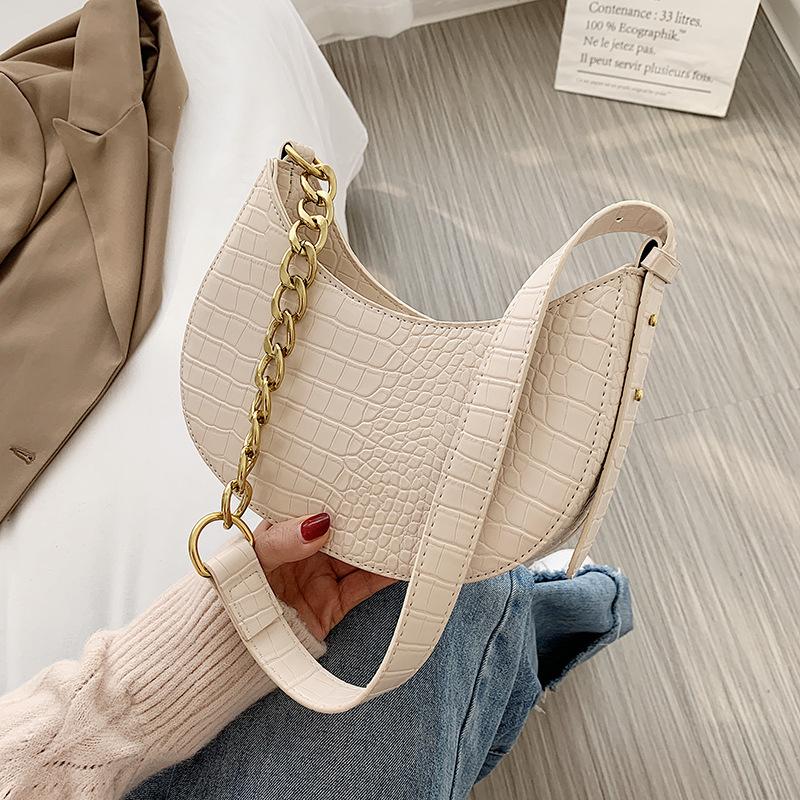 

Women Crocodile Pattern Chain Solid Color Soft Pu Leather Shoulder Bag Women Fashion Alligator Pattern High Quality Designer Bag, Beige