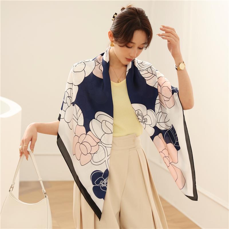 

Scarves Luxury Silk Satin 110cm Square Scarf Women Print Spring Warm Shawl Wrap Female Hair Band Bag Foulard Bandana Headscaceves Hijab, Blue;gray