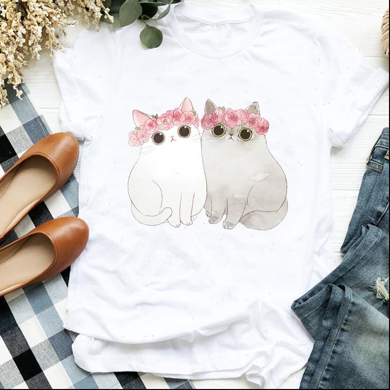 

women lady cat cartoon flower floral pet animal printing fashion tshirt shirt clothes graphic female t tee womens t shirt, White