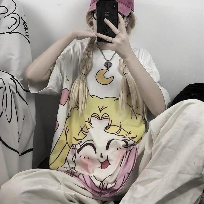 

Anime Sailor Moon Print T Shirt Japanese Harajuku Kawaii Cute T Shirt Y2k Tops Graffiti Graphic T Shirts Women Fashion, White