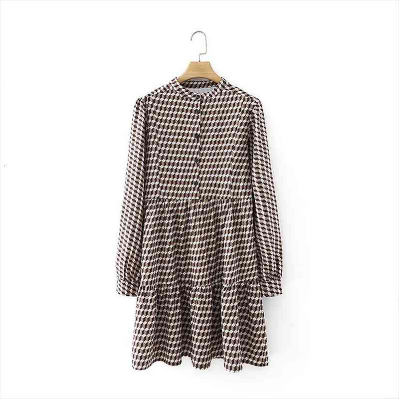 

Geometric Printing Mini Stand Collar Womens Dress Long Sleeve Clothes Casual Lady Loose Vestido D7012, Black;gray