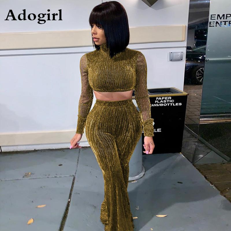

Two Piece Dress Red/Gold/ Silver Silk Mesh Women 2 Set Turtleneck Full Sleeve Top+ Long Flare Pants Solid Casual Outfits