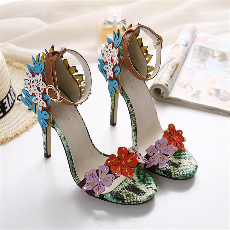 

Fashion Snake Print Flower Female Wedding Sandals Summer Spell Color Party Stiletto Ankle Buckle Open Toe High Heels Shoes Women, Floral