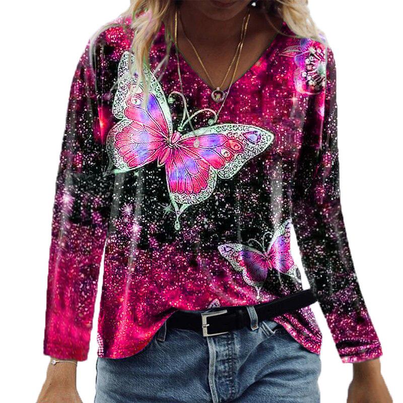 

Women's T-Shirt Retro V-neck Butterfly Print Loose Long Sleeve Autumn Casual Round Streetwear Chic, Black