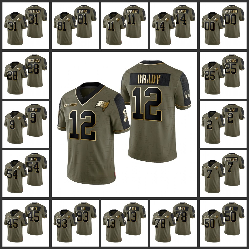 

Tampa Bay's Buccaneers's Jersey Men Women Youth #12 Tom Brady 13 Mike Evans 78 Tristan Wirfs Olive Gold Limited 2021 Salute To Service, Black
