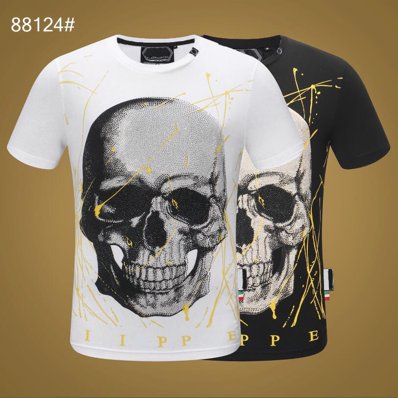 

PP Men's T-shirt Summer rhinestone Short Sleeve Round Neck shirt tee Skulls Print Tops Streetwear M-xxxL 88124, White;black