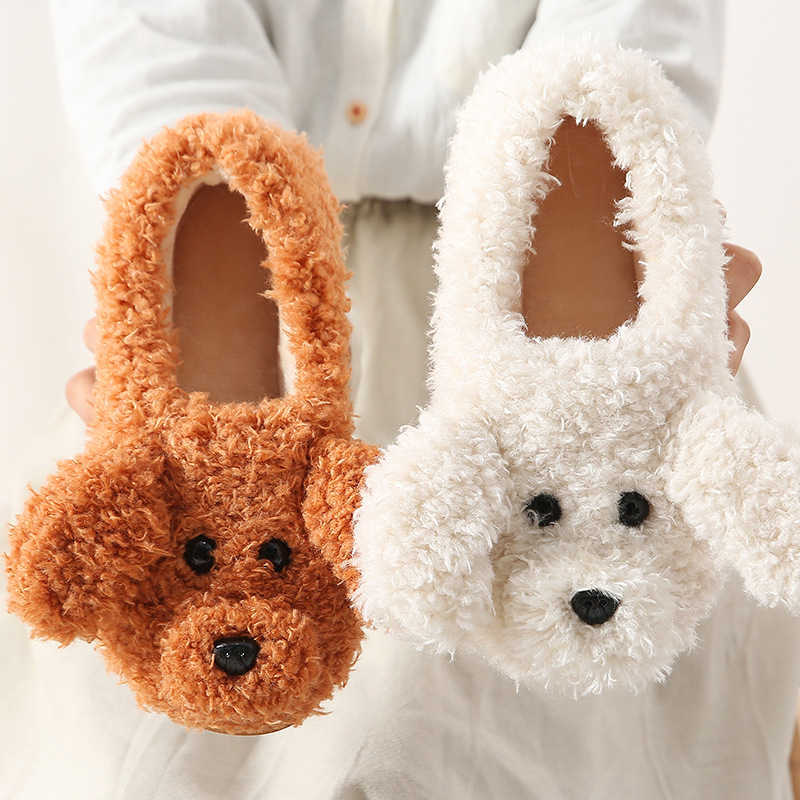 

Faux Fur Dog Slippers New 2021 Cute Cartoon Animal Women Winter Warm Plush Home Fluffy Flat Slides Cotton House Floor Shoes H0914, Beige