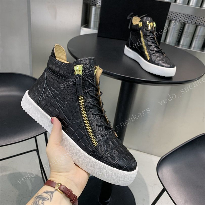 

Mens Womens Casual Shoes Crocdile Snake Leather with Zipper Metallic Embossed High Cut Boot Designer Black Gold Sneakers Lace Up Trainers Ch