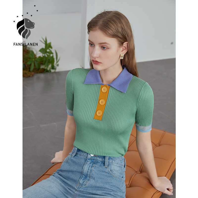 

FANSILANEN Ice Silk Short-sleeved T-shirt Women Summer Style Contrast Stitching Top POLO Collar Sweater Clothes 210607, Pink