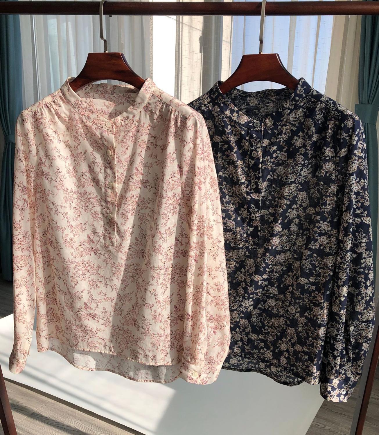 

2021 New Incio Do Outono Feminino Blusa Algodo Vintage Floral Impresso O-pescoo Botes Manga Longa Novas Senhoras Estilo De Frias Camisa Bibz, Black