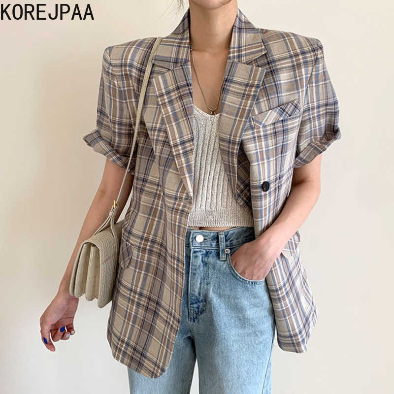 

Korejpaa Women Jacket Summer Korean Chic Retro British Style Pattern Lapel One Button Loose Casual Short-Sleeved Blazers 210526, Lattice