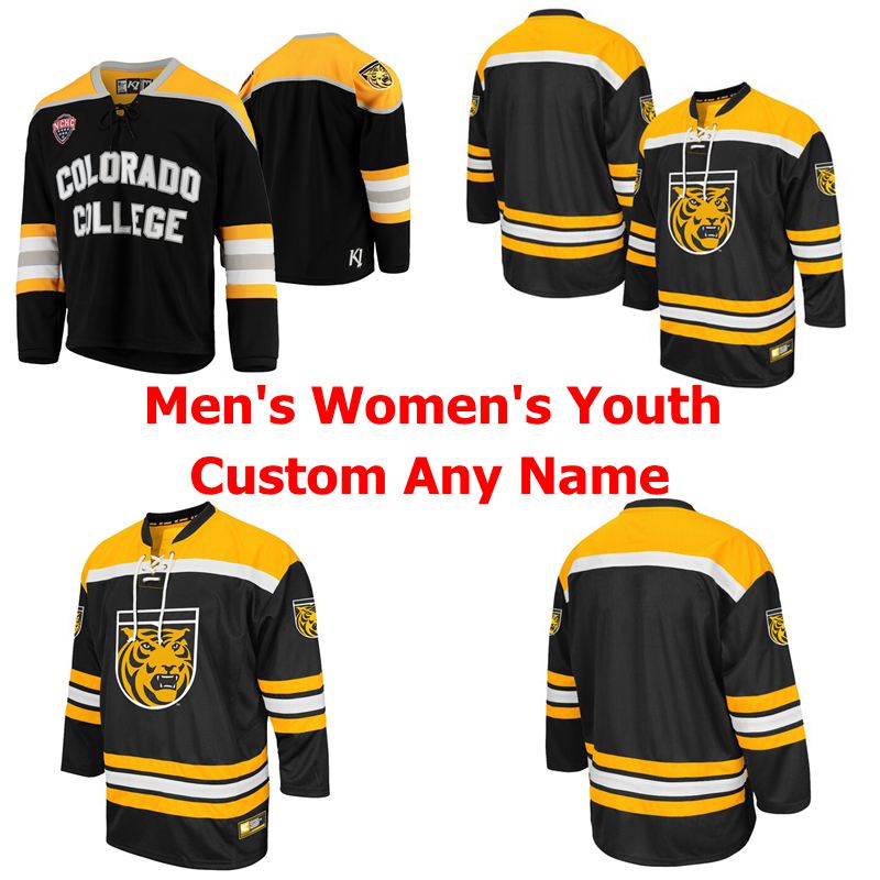 

NCAA Colorado College Tigers Ice Hockey Jerseys Men's Women's Youth Kids Jersey Black Yellow Stitched Custom Any Name And Number, Youth black